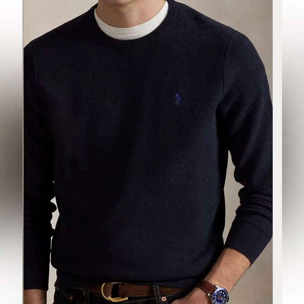 Ralph Lauren Mesh-Knit Cotton Crewneck Sweater in Navy Heather